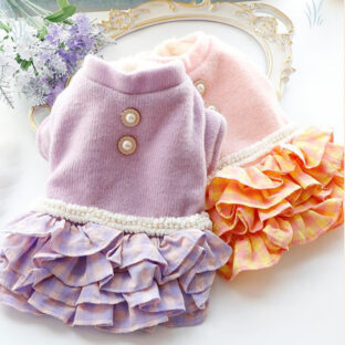 ペット服 犬　マドラスチェック ニットドッキングワンピース