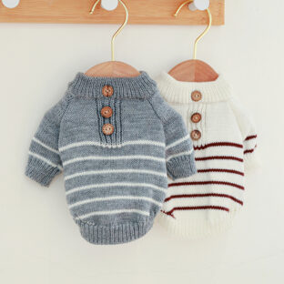 ペット服 犬 ボーダー カジュアル 長袖ニット ボタン付 グレー&ホワイト