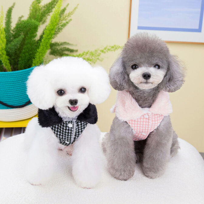 エレガントでスタイリッシュ フェイクファー千鳥格子犬用コート